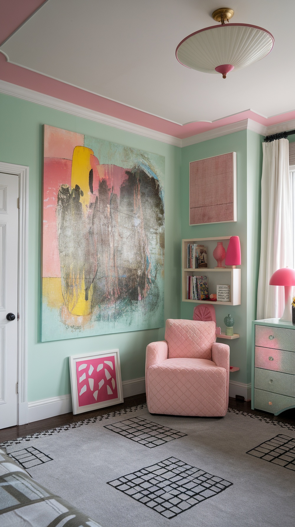 A mint green bedroom showcasing artistic decor, including a vibrant painting and pink accents.