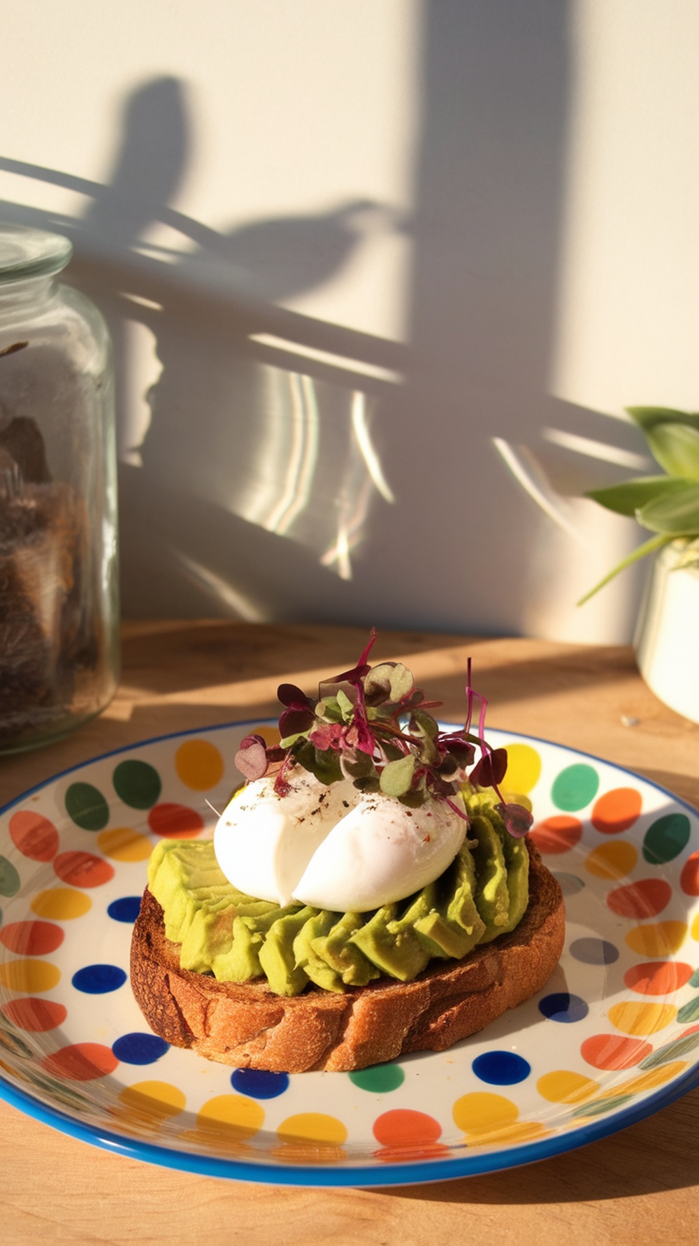 Avocado toast with poached eggs on a colorful plate.