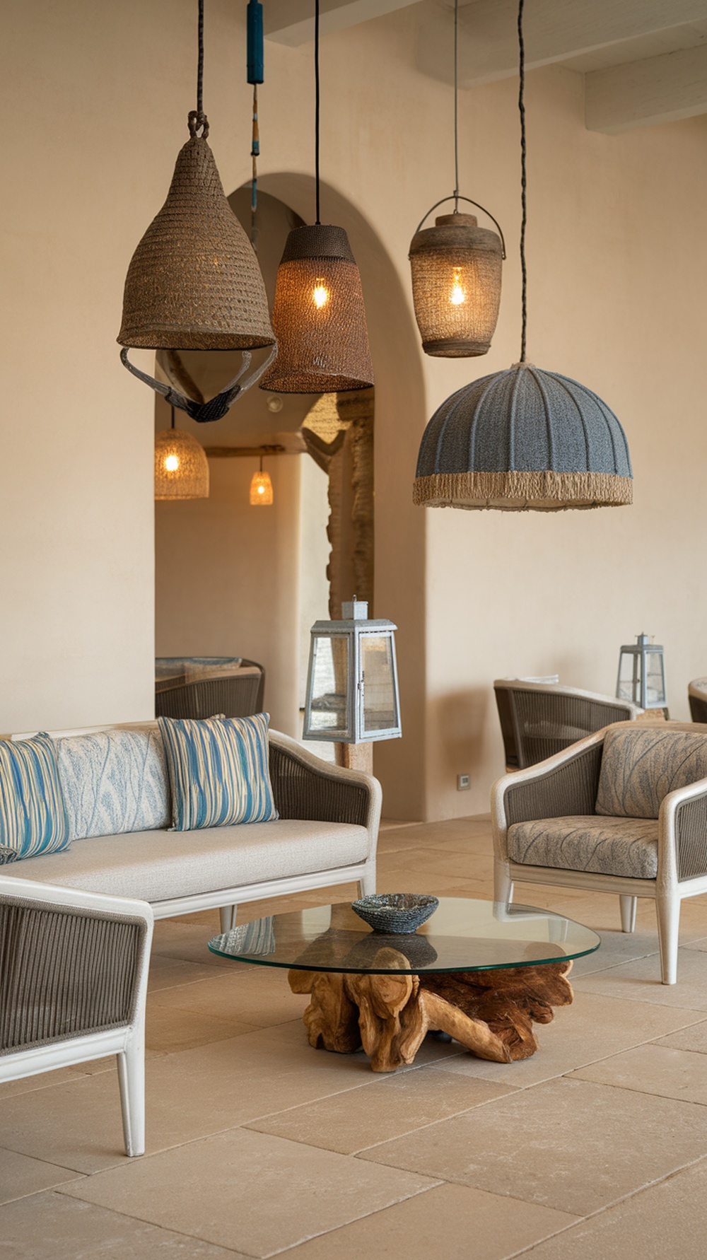 Beach-inspired lighting fixtures in a living room with natural materials.