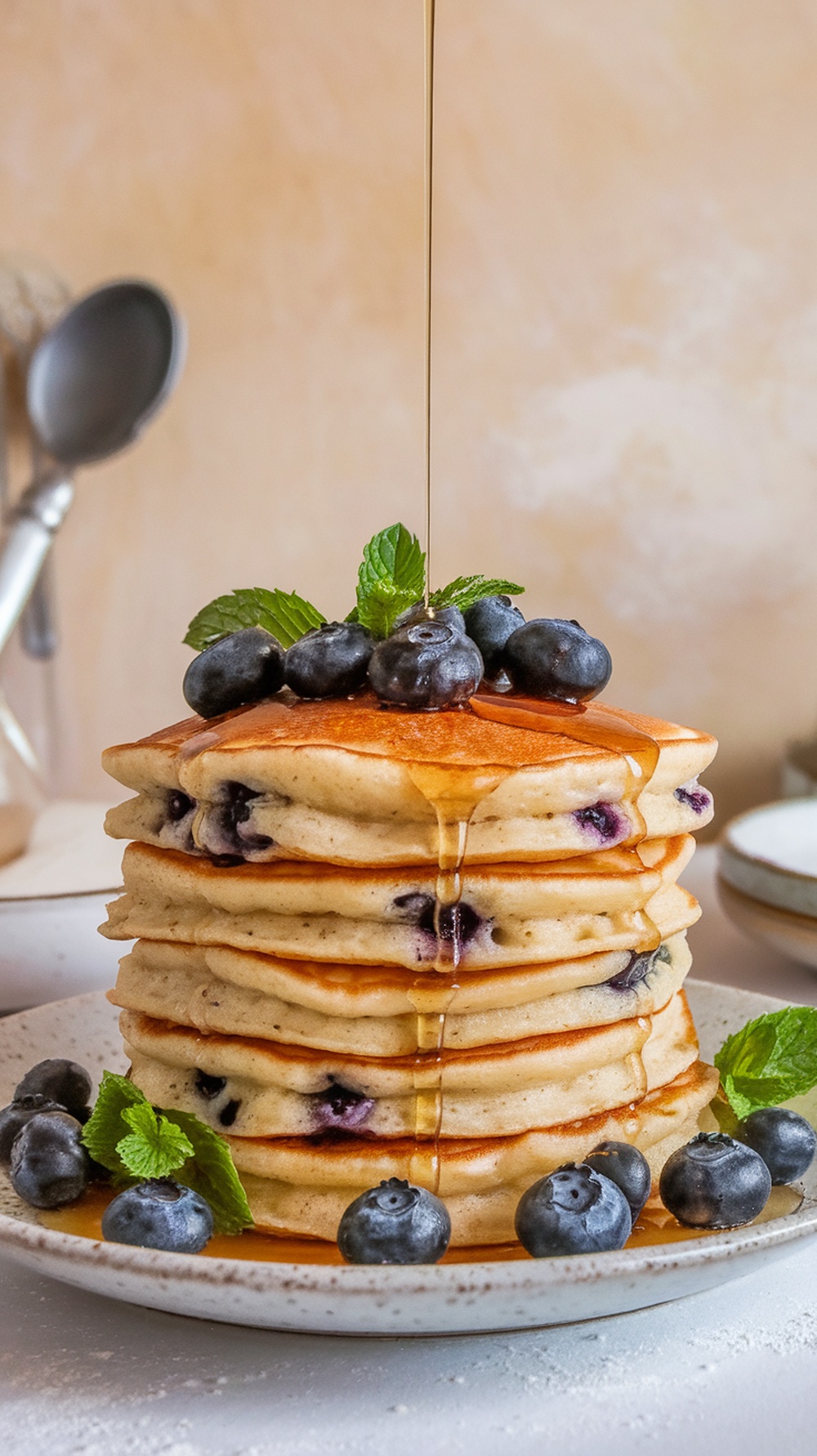 Stack of blueberry pancakes with maple syrup and mint leaves