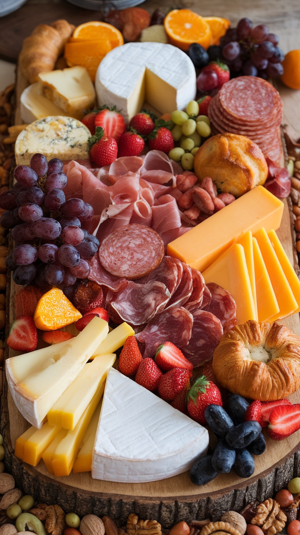 A beautifully arranged breakfast charcuterie board with various cheeses, meats, fruits, and pastries.