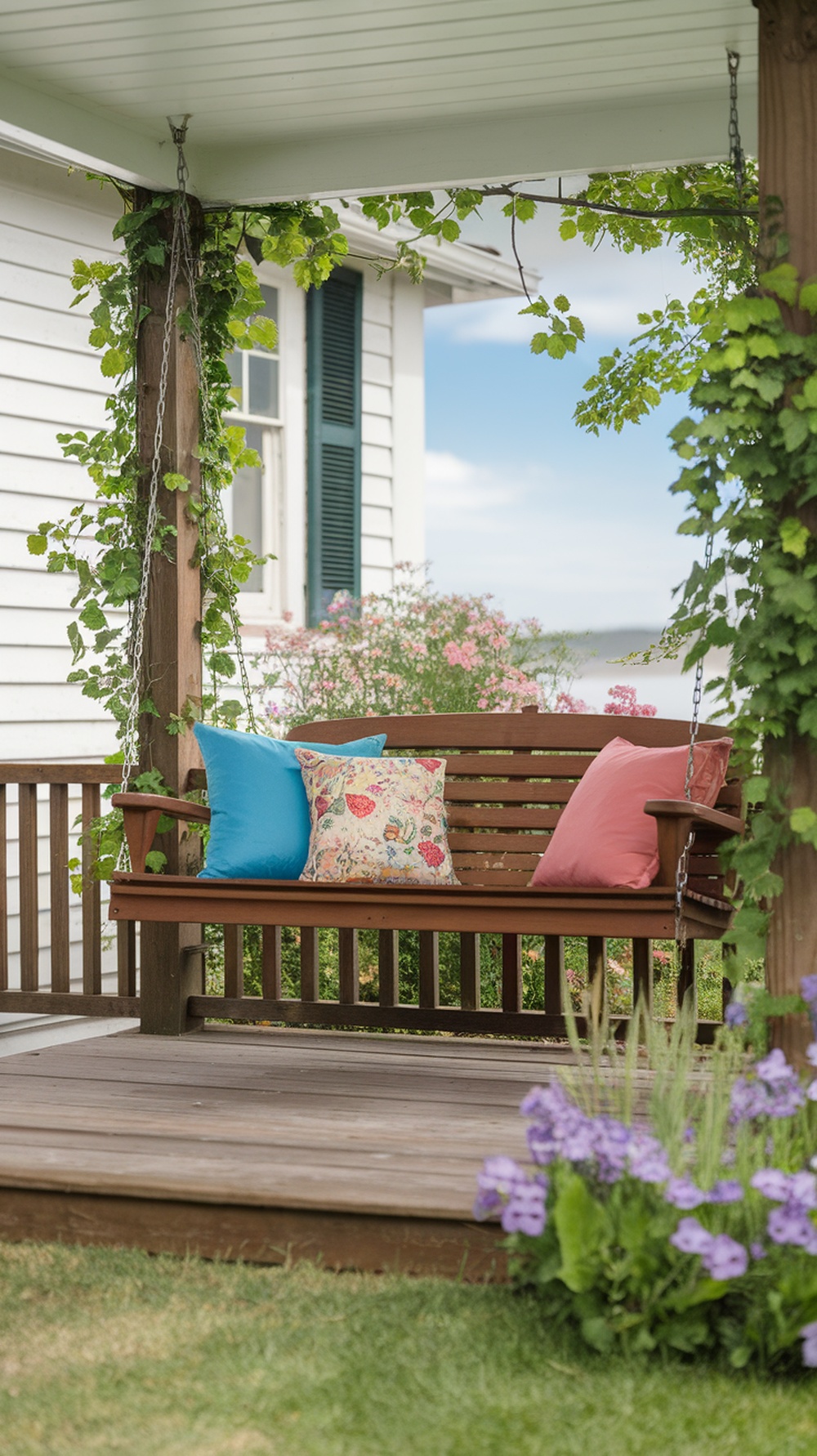 A charming porch swing with colorful cushions, surrounded by greenery and flowers.