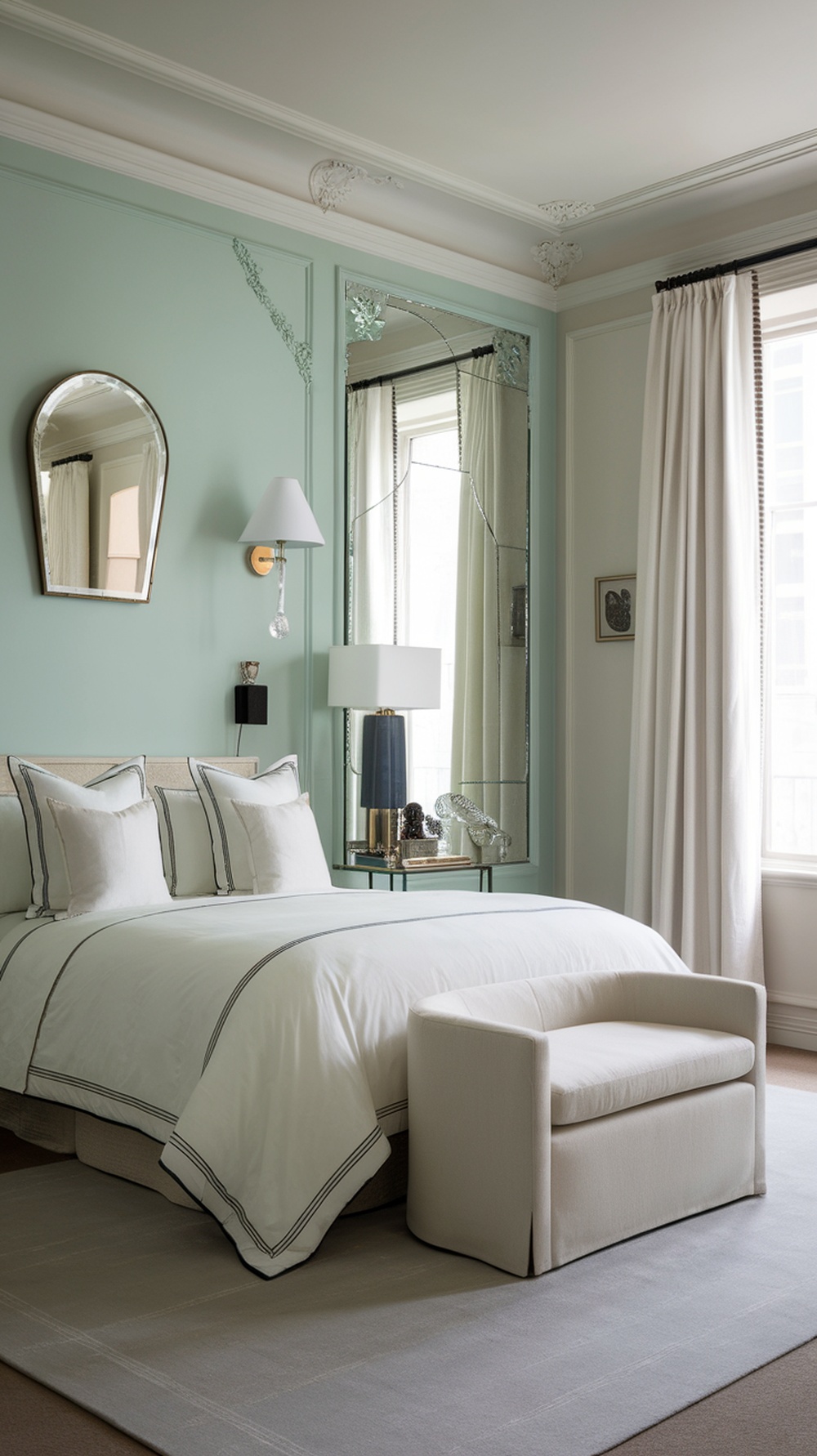 A chic bedroom showcasing mint green accent walls, elegant trim, neutral bedding, and stylish furniture.