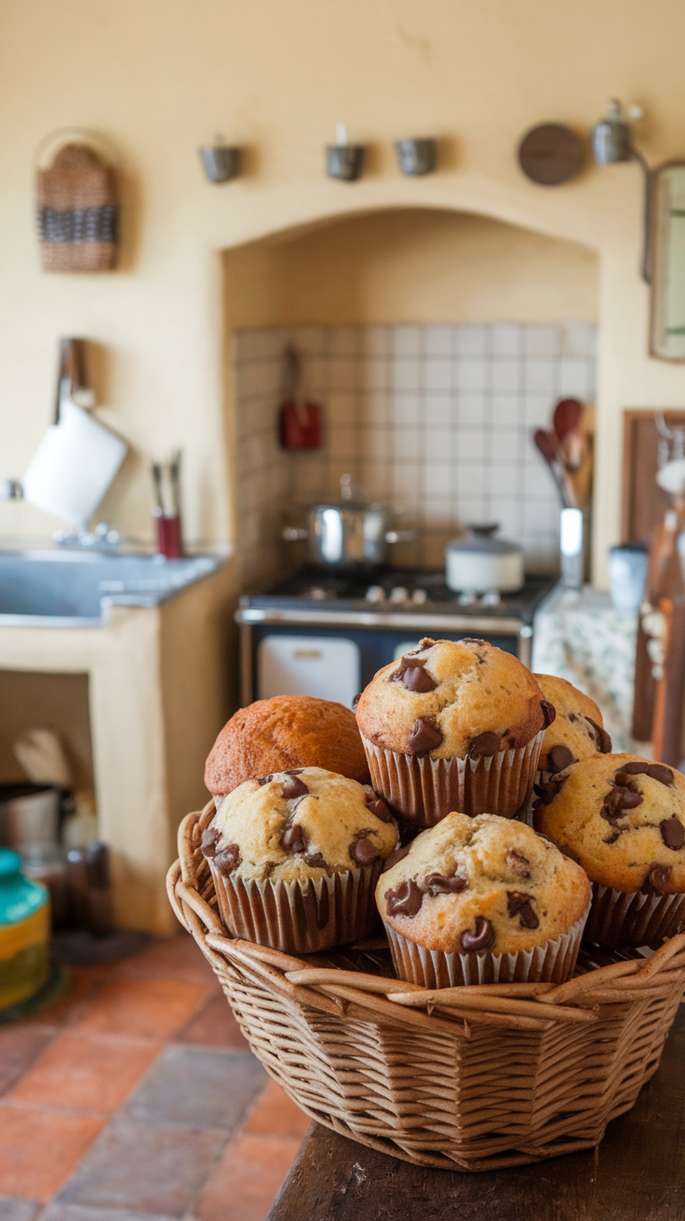 A basket filled with freshly baked chocolate chip muffins.