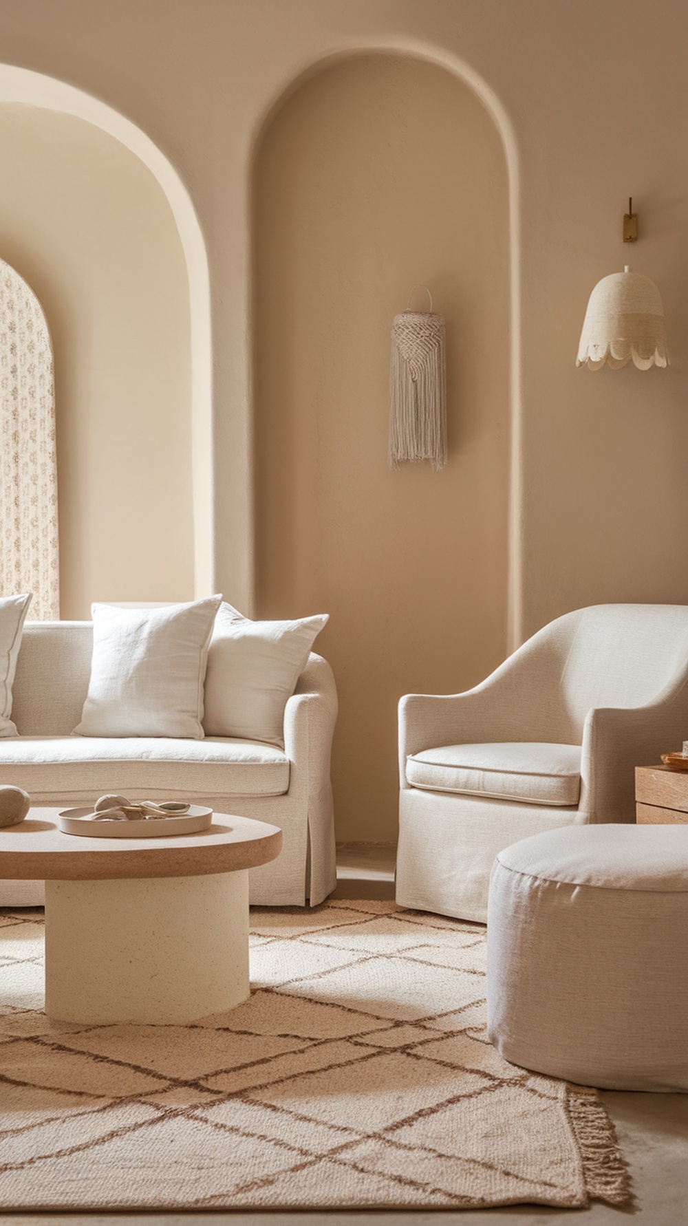 A cozy beachy living room with neutral tones and soft furniture.