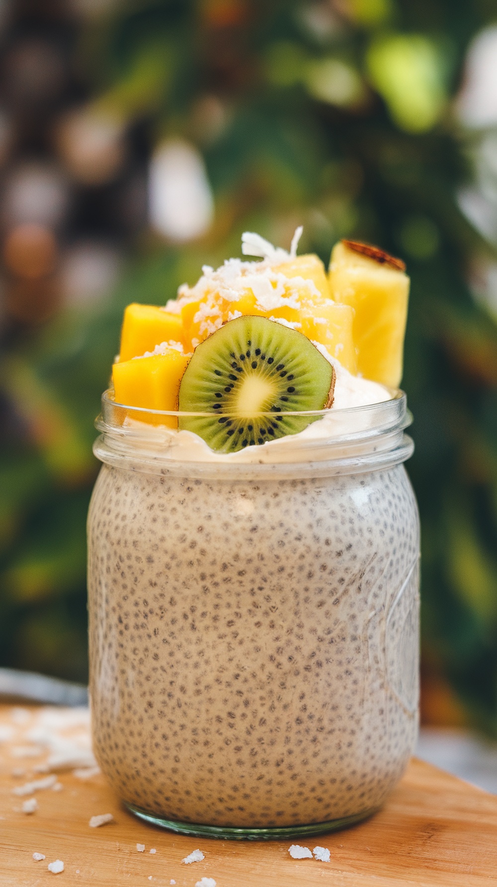A jar of coconut chia seed pudding topped with mango, kiwi, and shredded coconut.