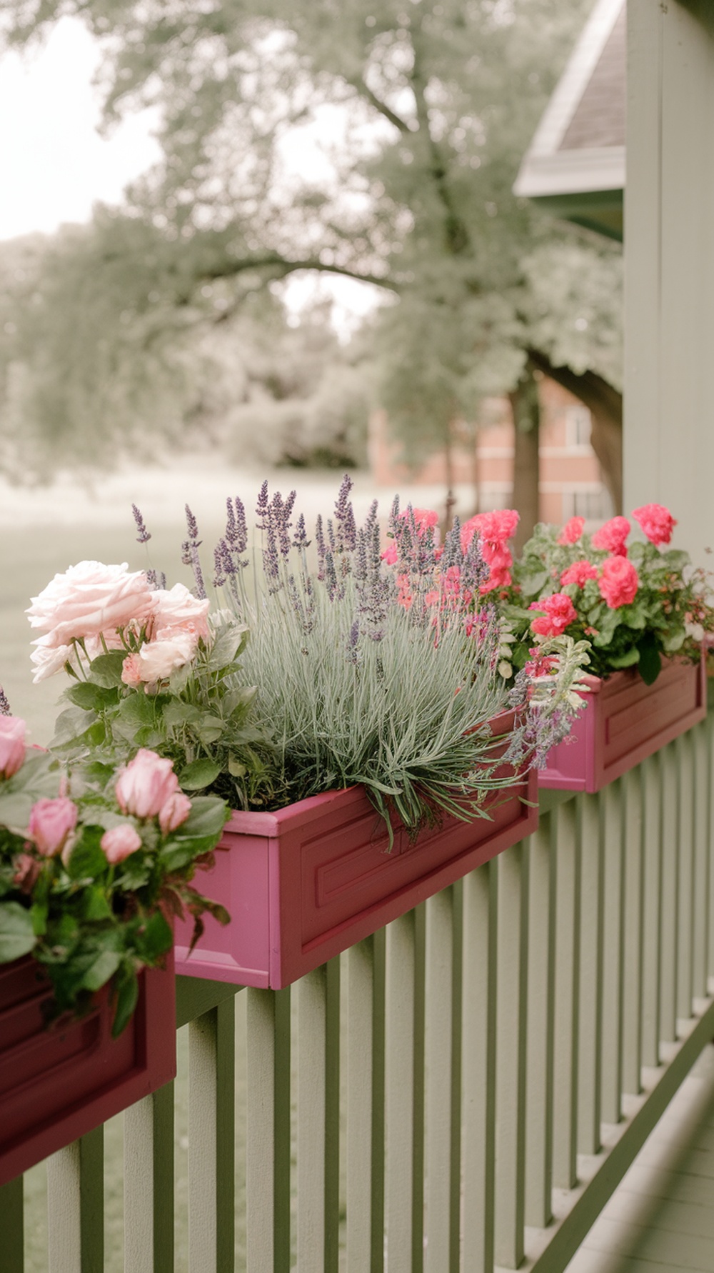Colorful flower boxes on a porch with pink roses, lavender, and red begonias.