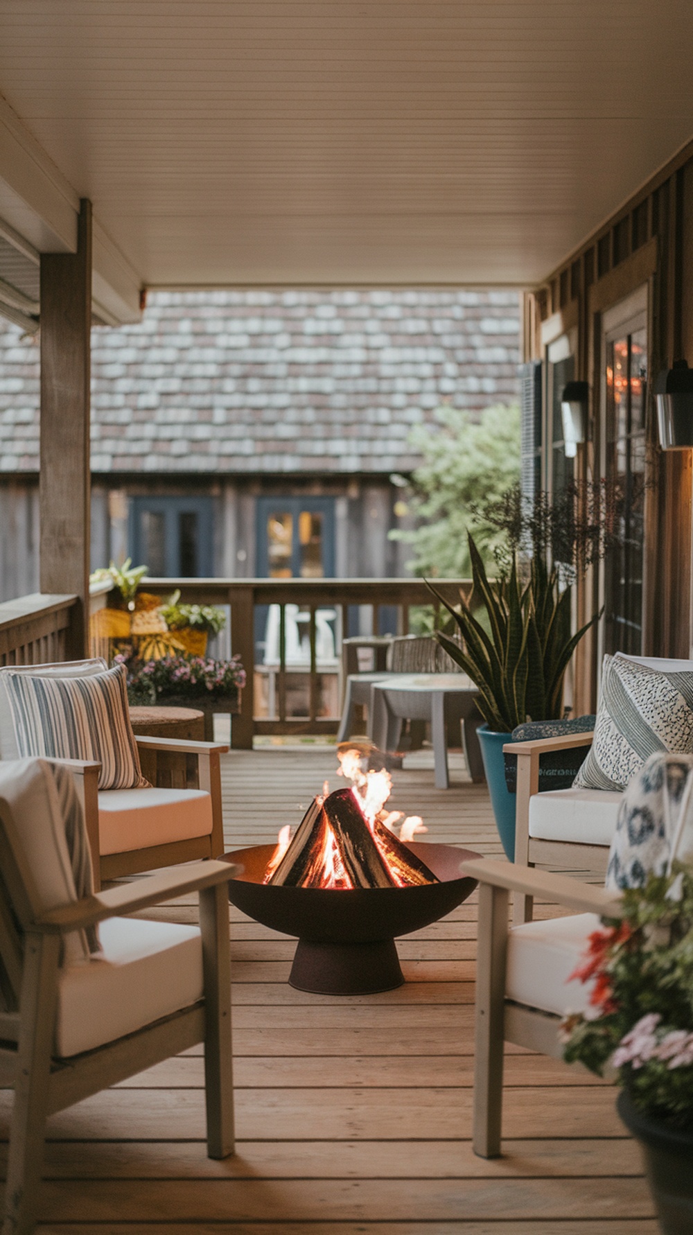 Cozy fire pit setup on a porch with comfortable seating and potted plants