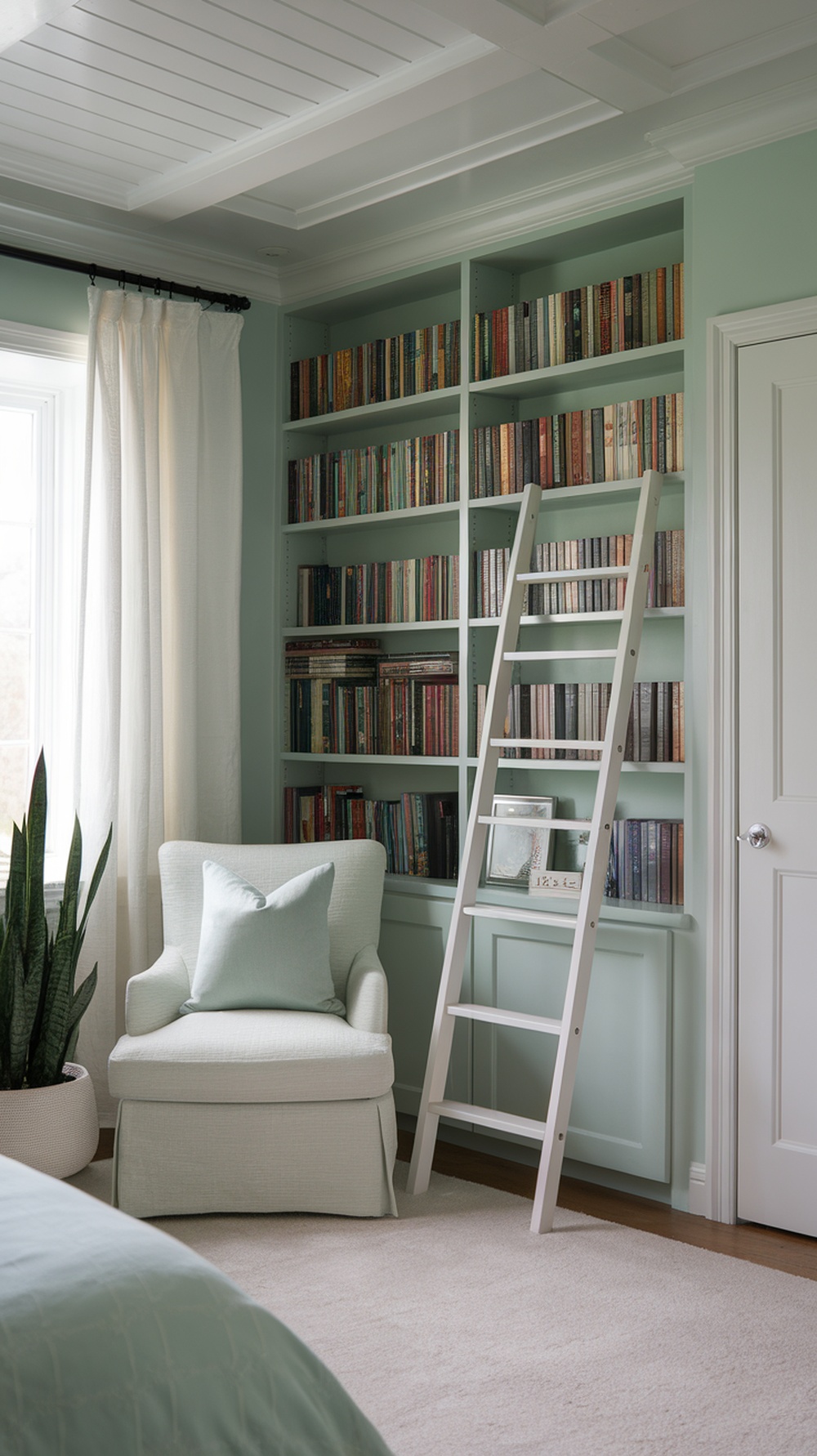 Cozy reading nook in a mint green bedroom with an armchair, bookshelf, and natural light.