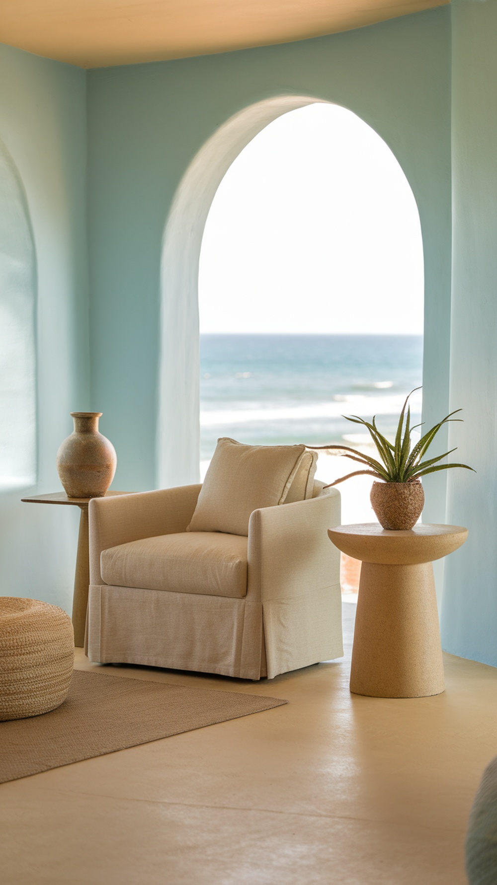 A cozy reading nook with a light chair, small table, and ocean view.