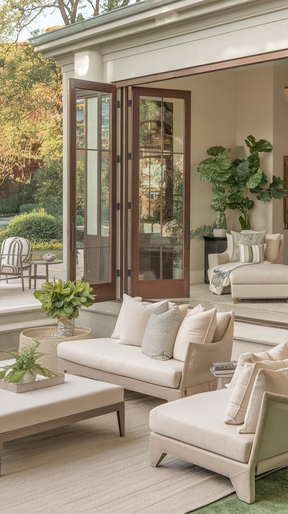 A bright living room with open glass doors leading to an outdoor space, featuring cozy beige furniture and greenery.