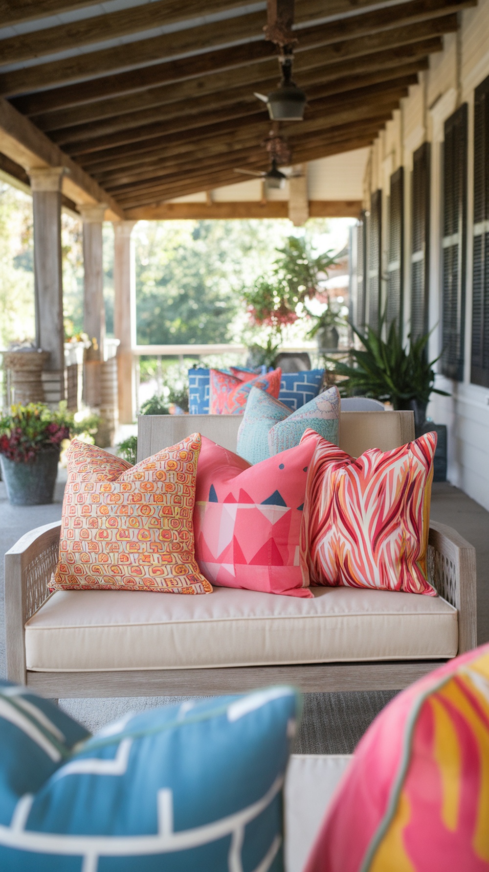 A cozy porch setting with colorful decorative throw pillows on a sofa.