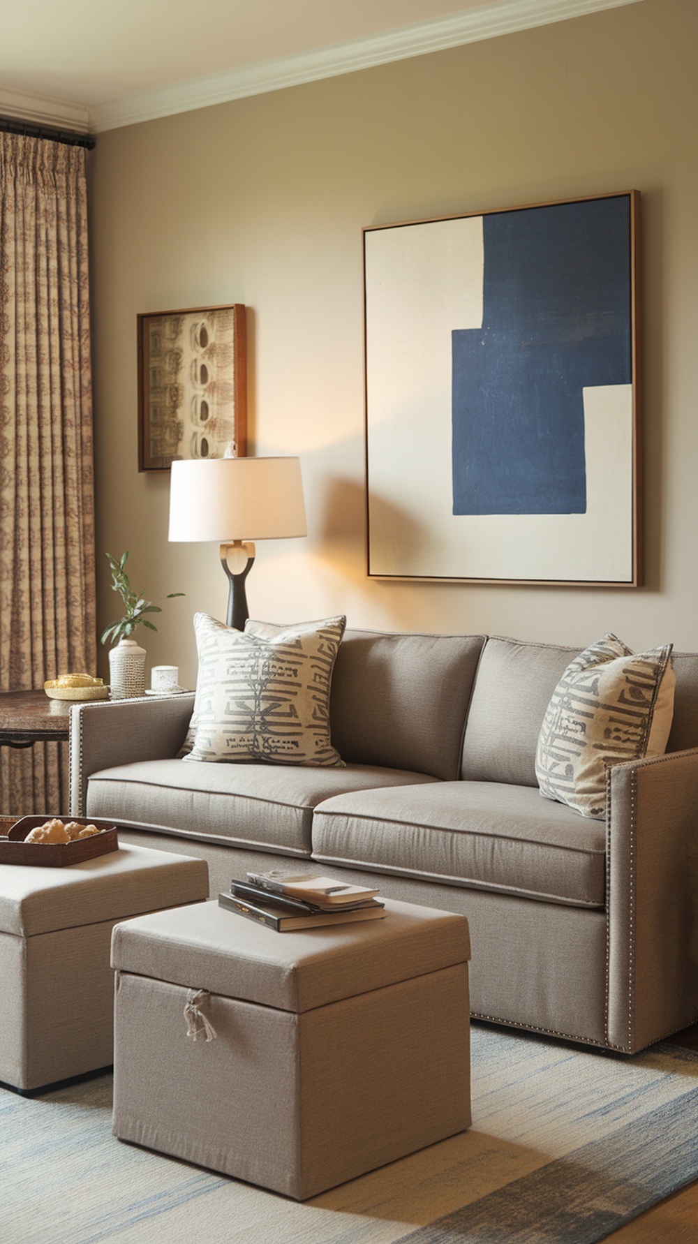 A cozy beach-themed living room with a light-colored sofa, soft pillows, and a stylish coffee table.