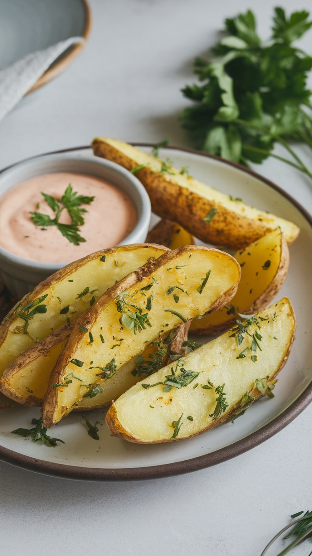 Plate of herbed potato wedges with a dipping sauce