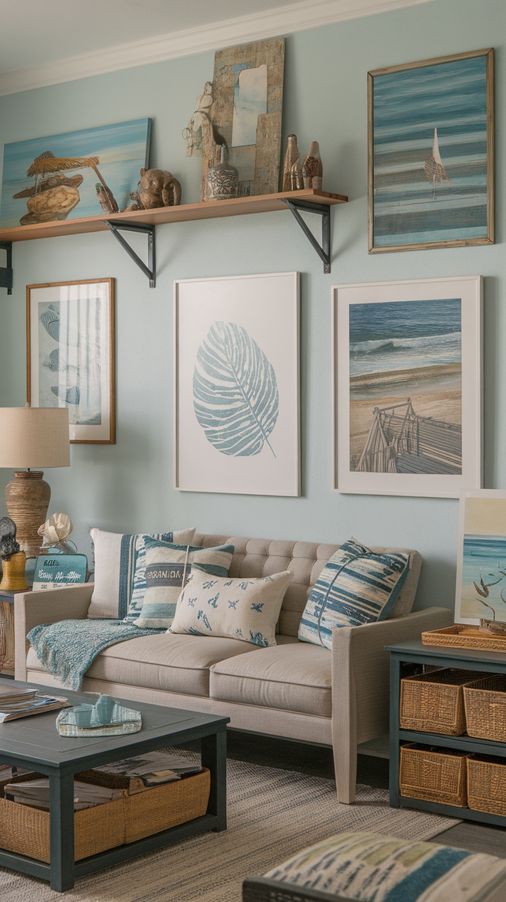 A beach-themed living room with artwork and prints on the walls.