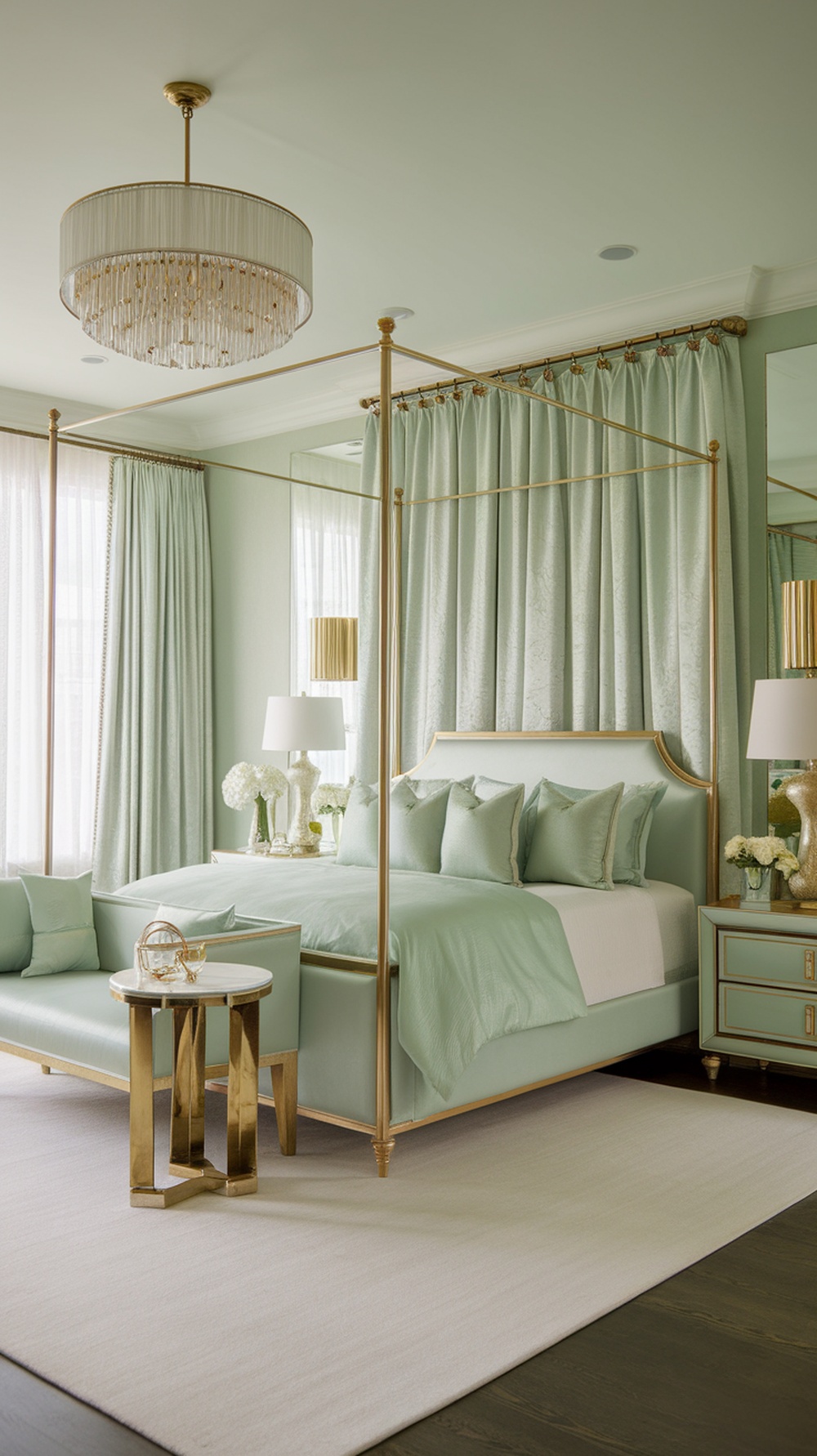 Mint green bedroom with gold accents