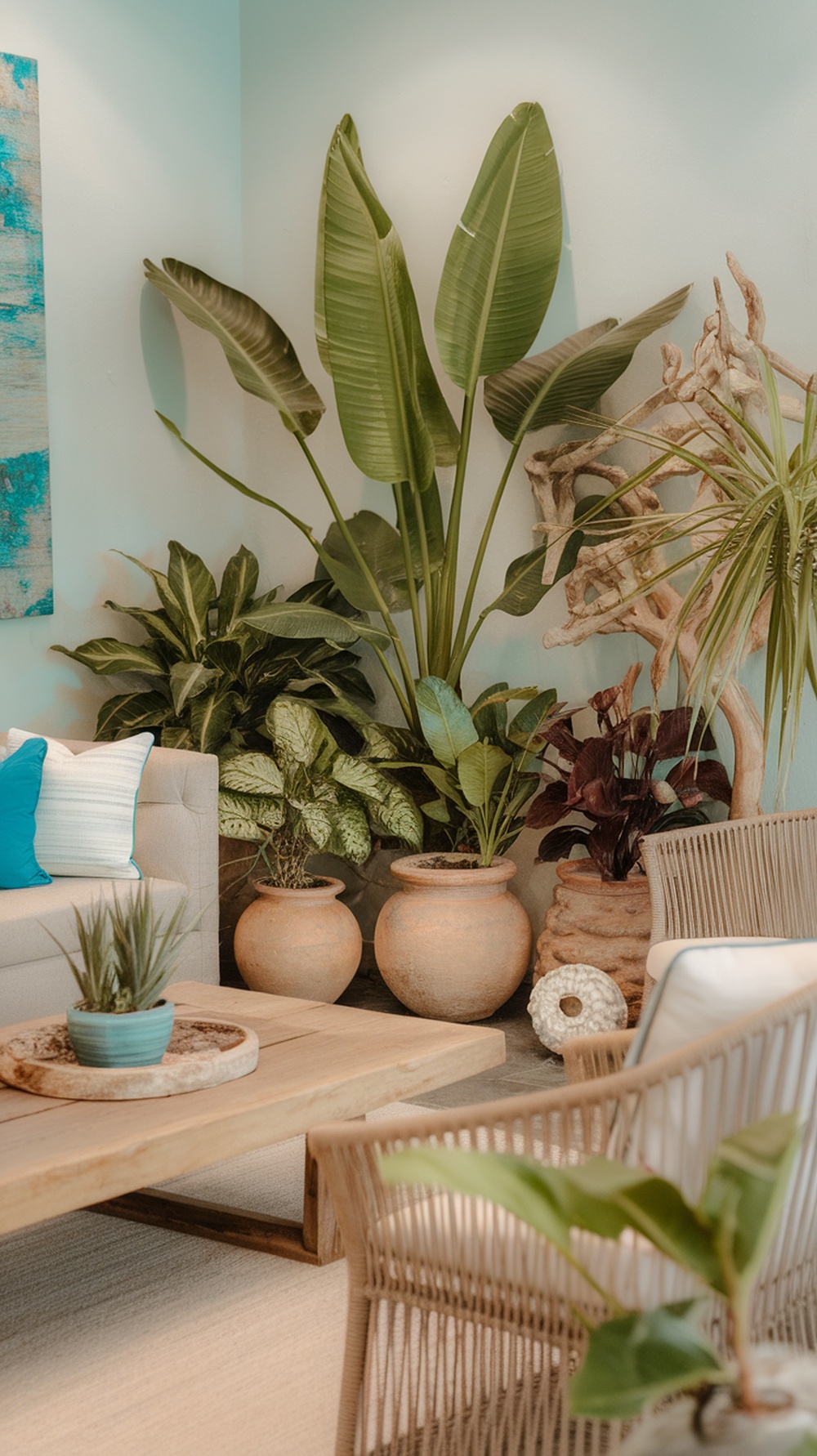 A beachy living room with various plants in decorative pots, featuring a light color palette and natural materials.