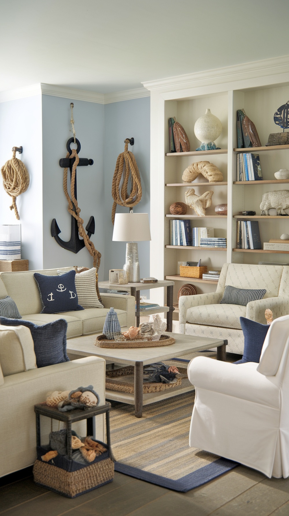 A stylish beach-themed living room featuring nautical decor elements.