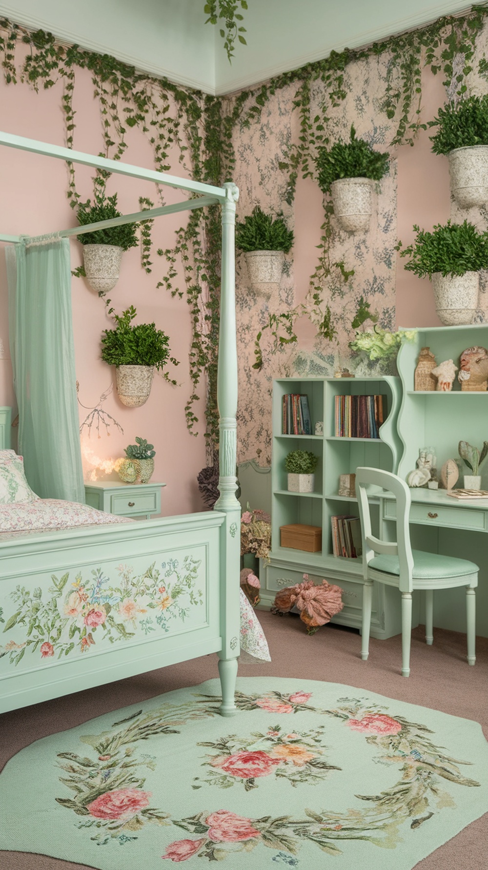 A mint green bedroom featuring a four-poster bed, floral decor, and hanging plants on pink walls.