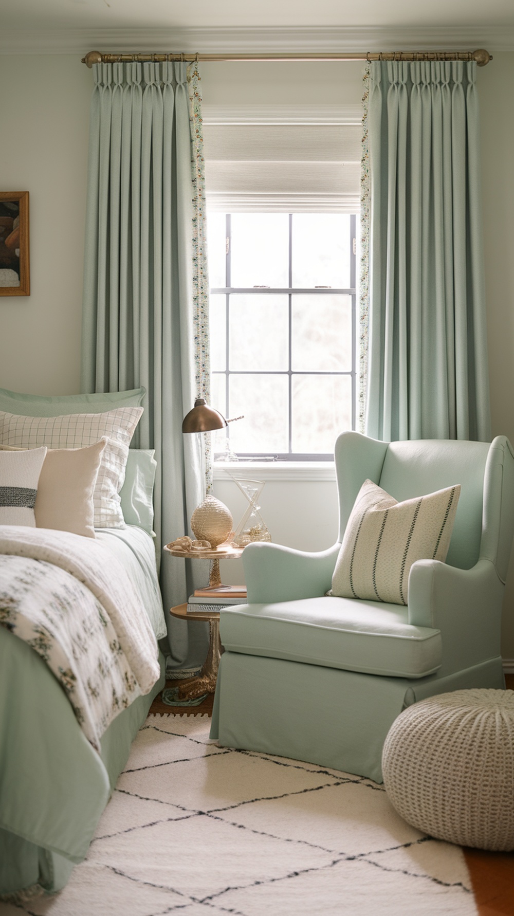 A cozy mint green bedroom featuring layered textiles, including a bed with various cushions, elegant curtains, and a comfy chair.