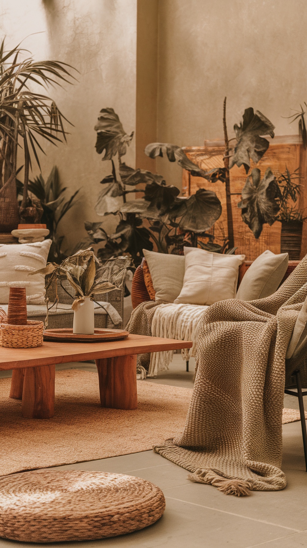 A cozy beachy living room with various textures and plants.