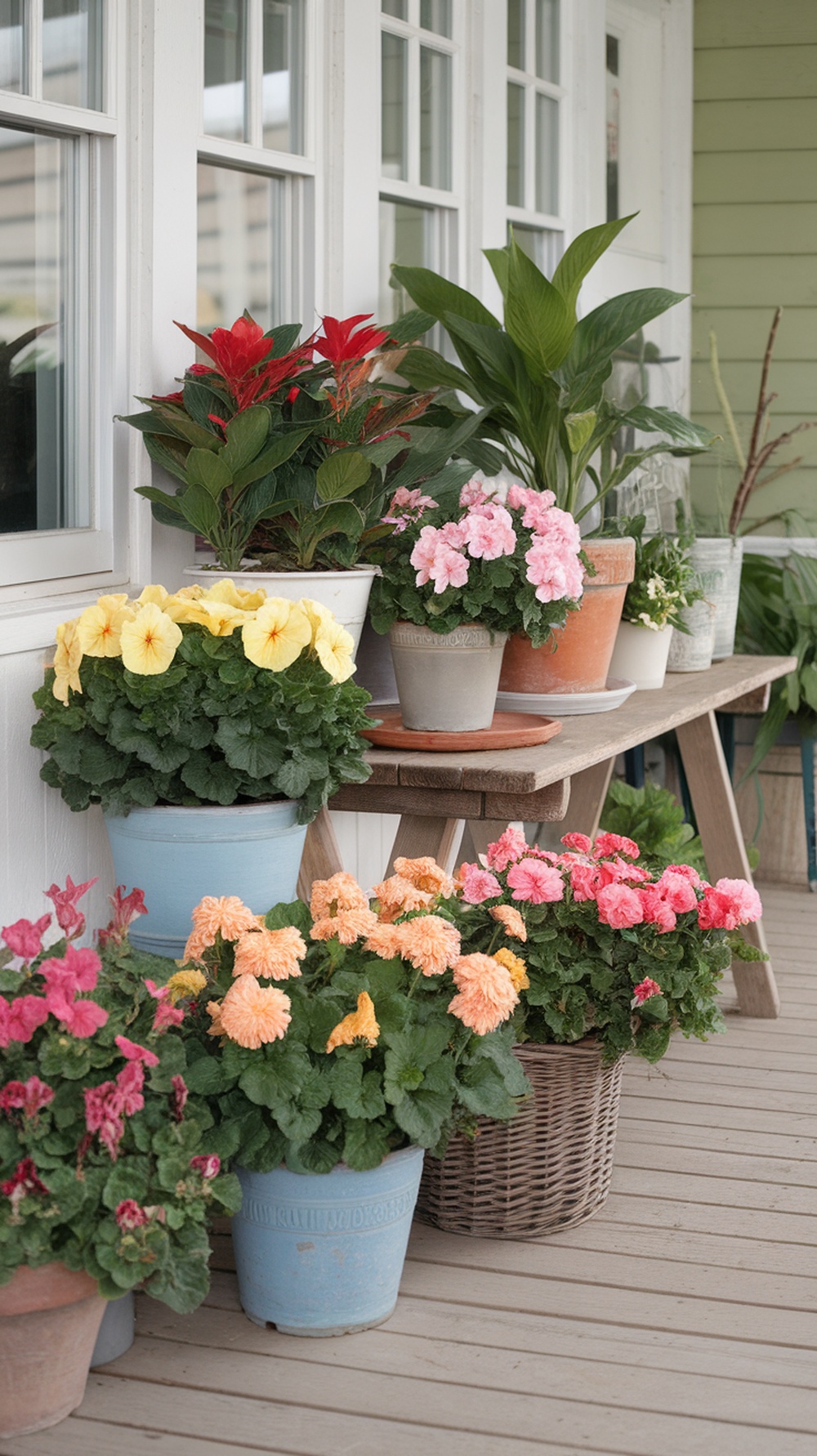A collection of colorful potted plants on a porch, featuring various flowers and greenery.