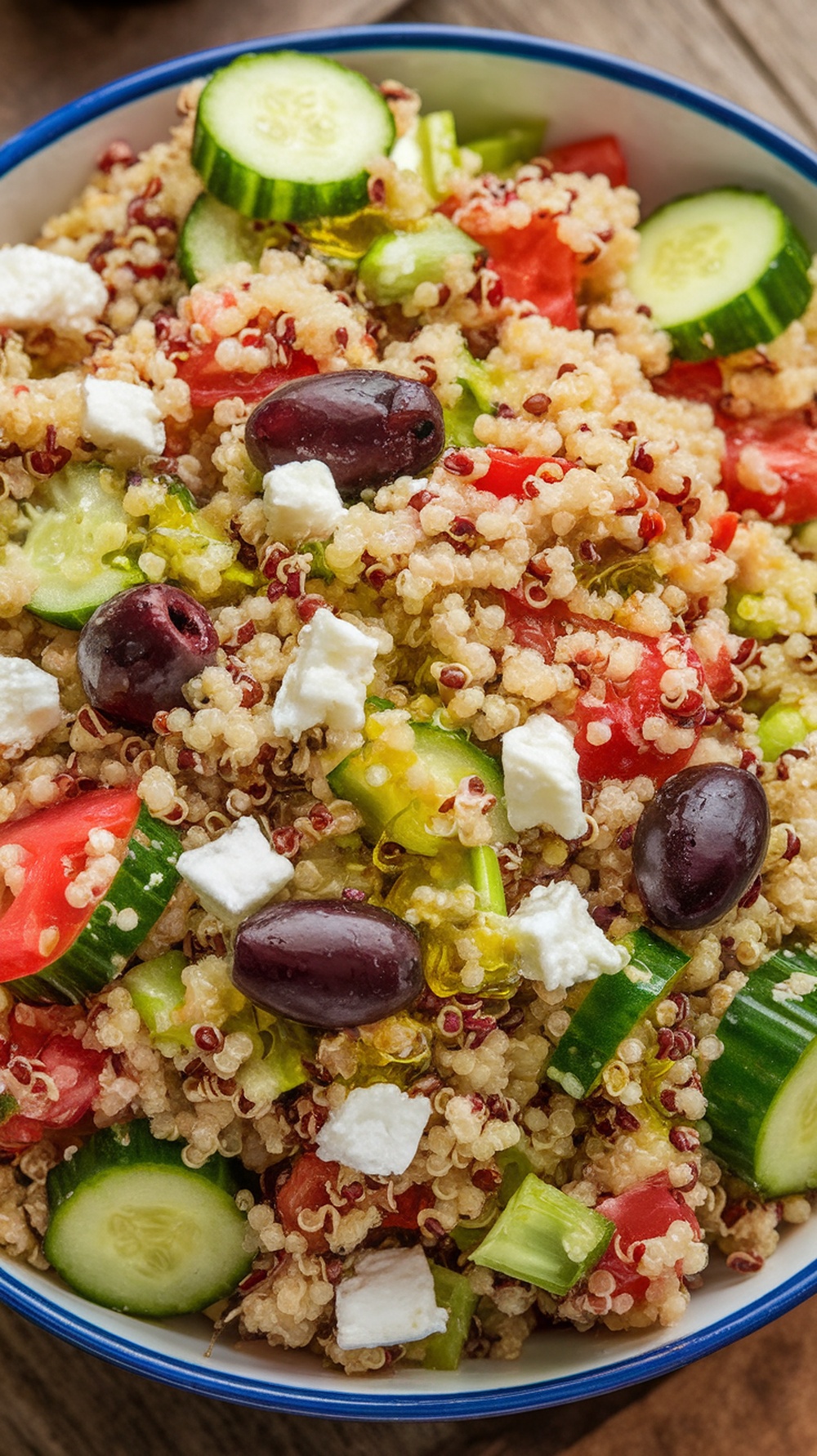 A bowl of Mediterranean quinoa salad with cucumbers, tomatoes, olives, and feta cheese.