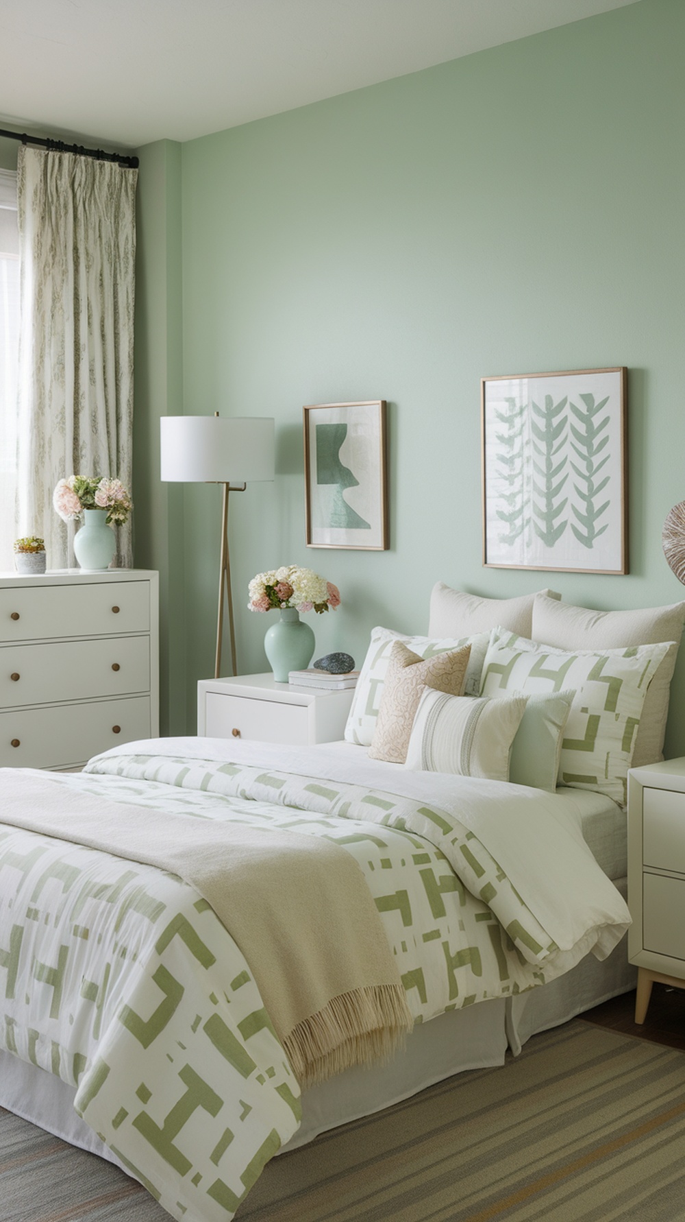 A mint green bedroom featuring white bedding and decor with floral accents.