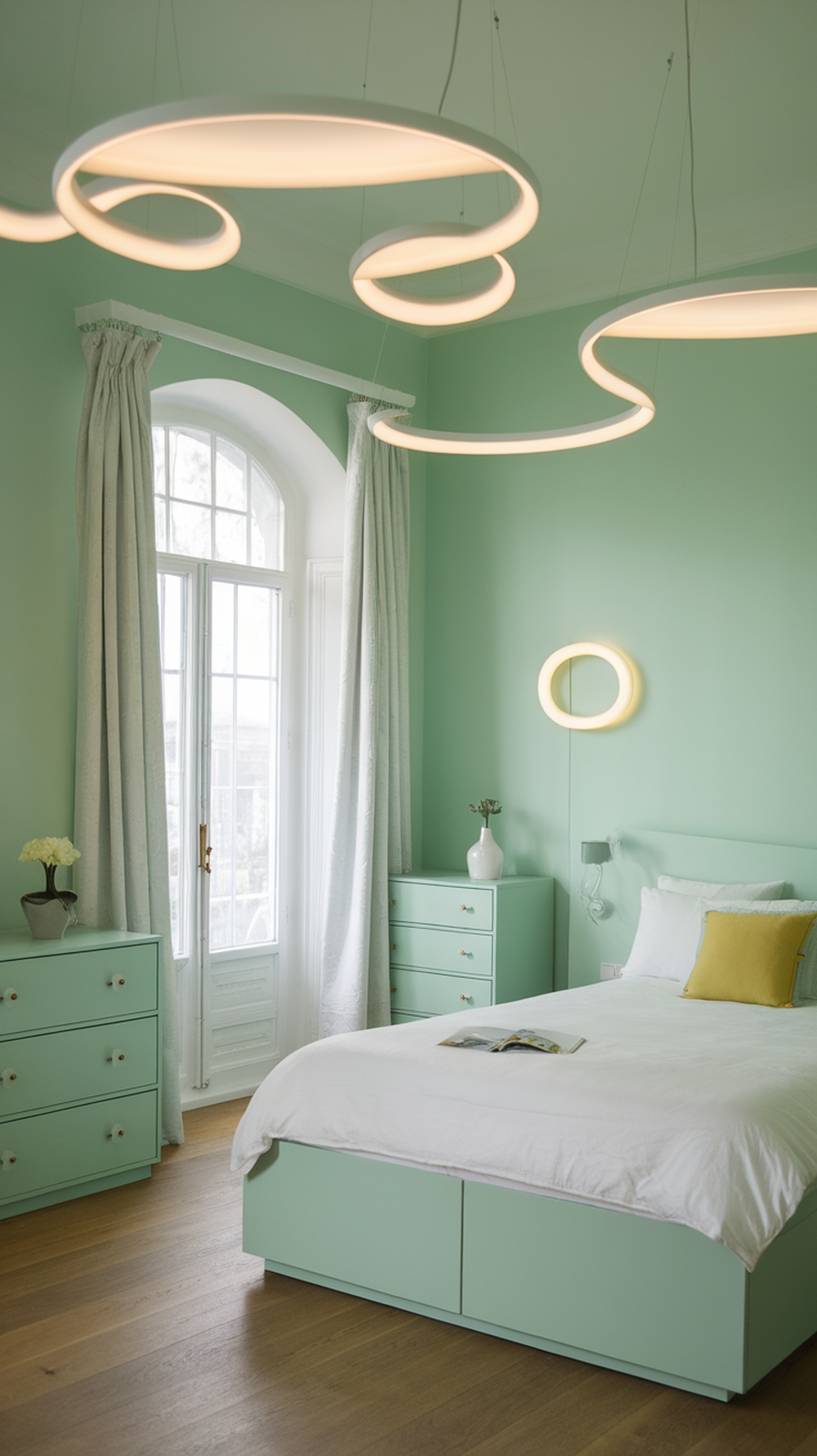 A stylish mint green bedroom featuring modern swirling pendant lights, a bed with white linens, and mint-colored furniture.