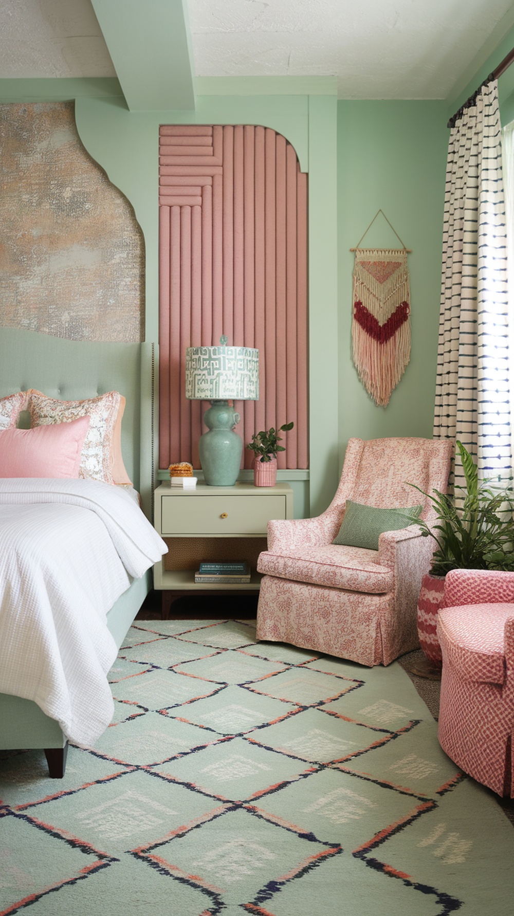A mint green bedroom featuring textured walls, patterned chairs, and cozy bedding.