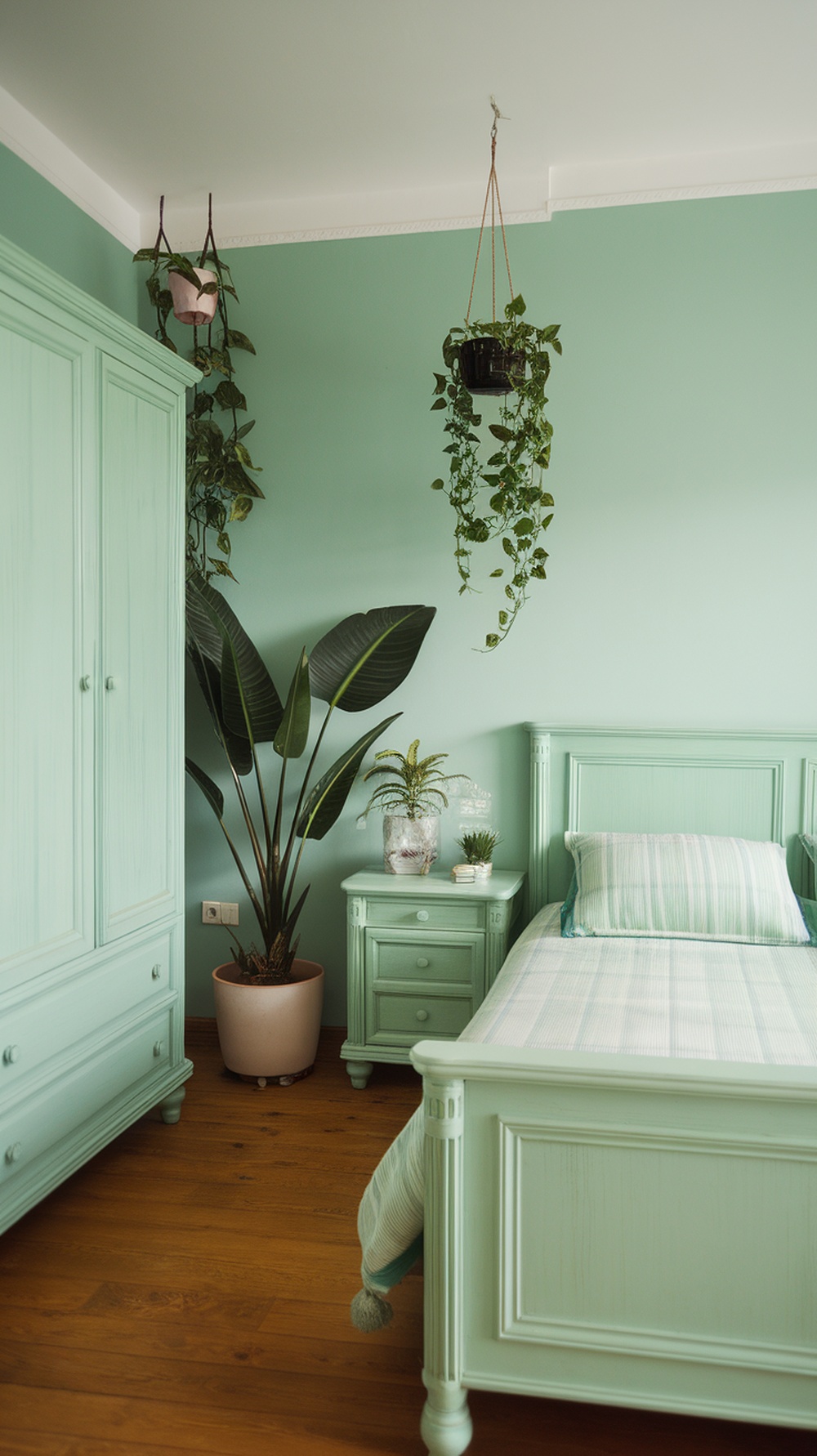A mint green bedroom featuring plants, mint green furniture, and wooden flooring.