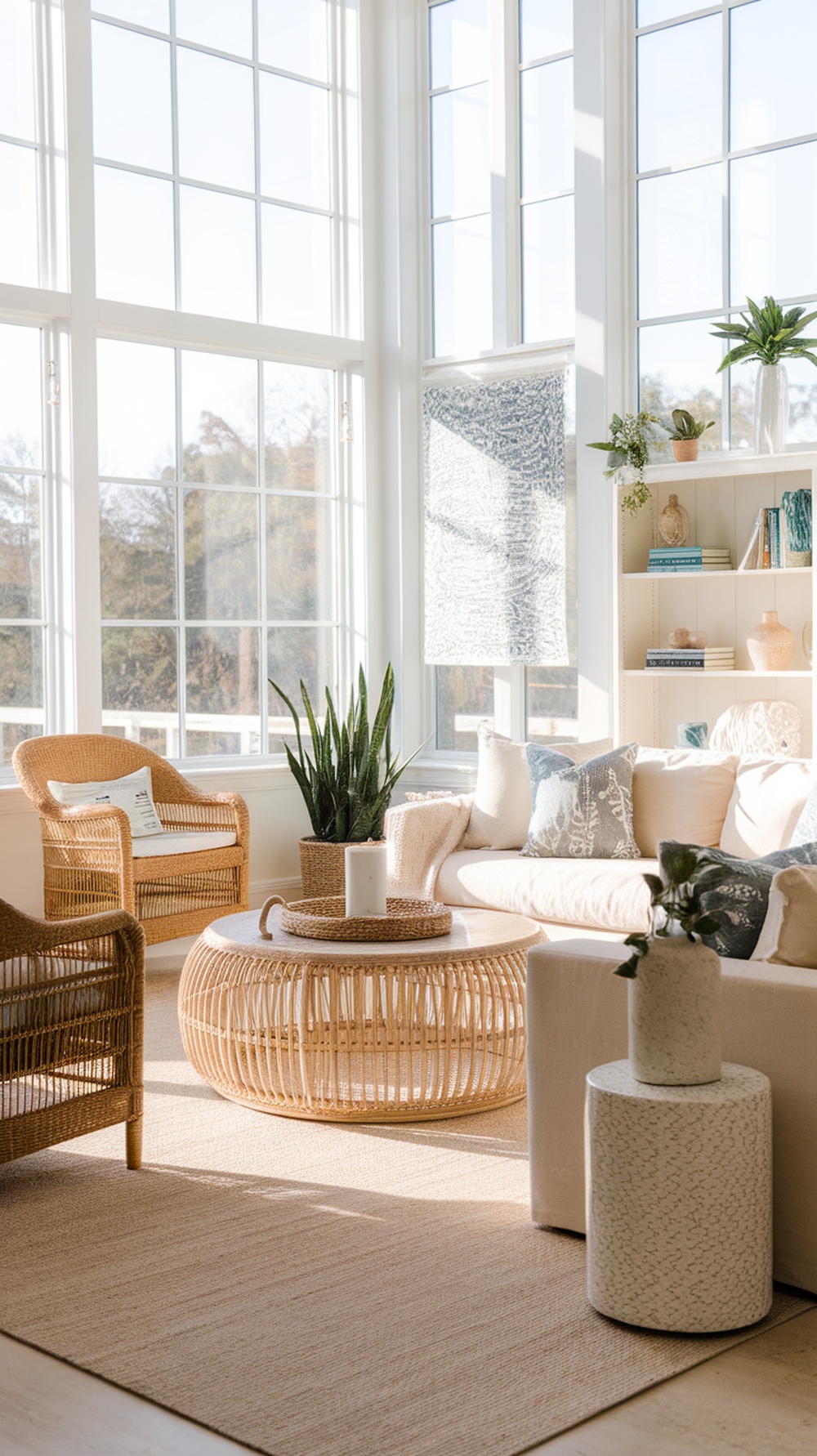 Bright and airy beachy living room with large windows and natural decor