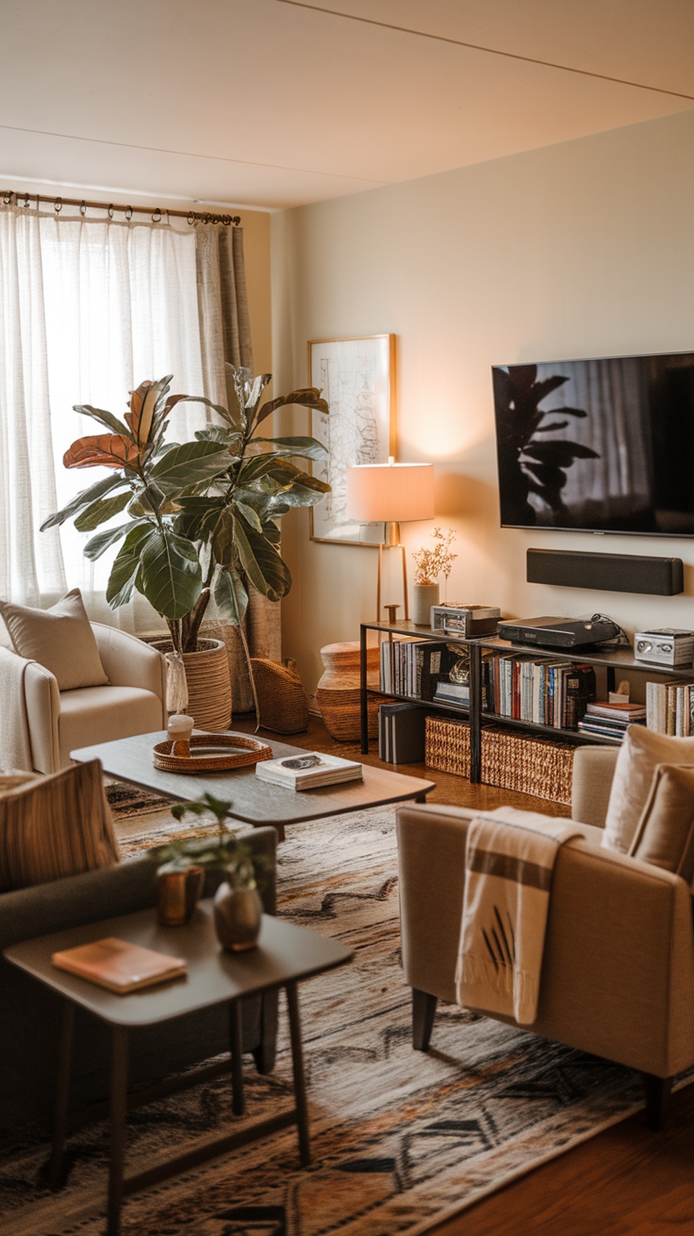Cozy beachy living room with plants, soft lighting, and comfortable seating.