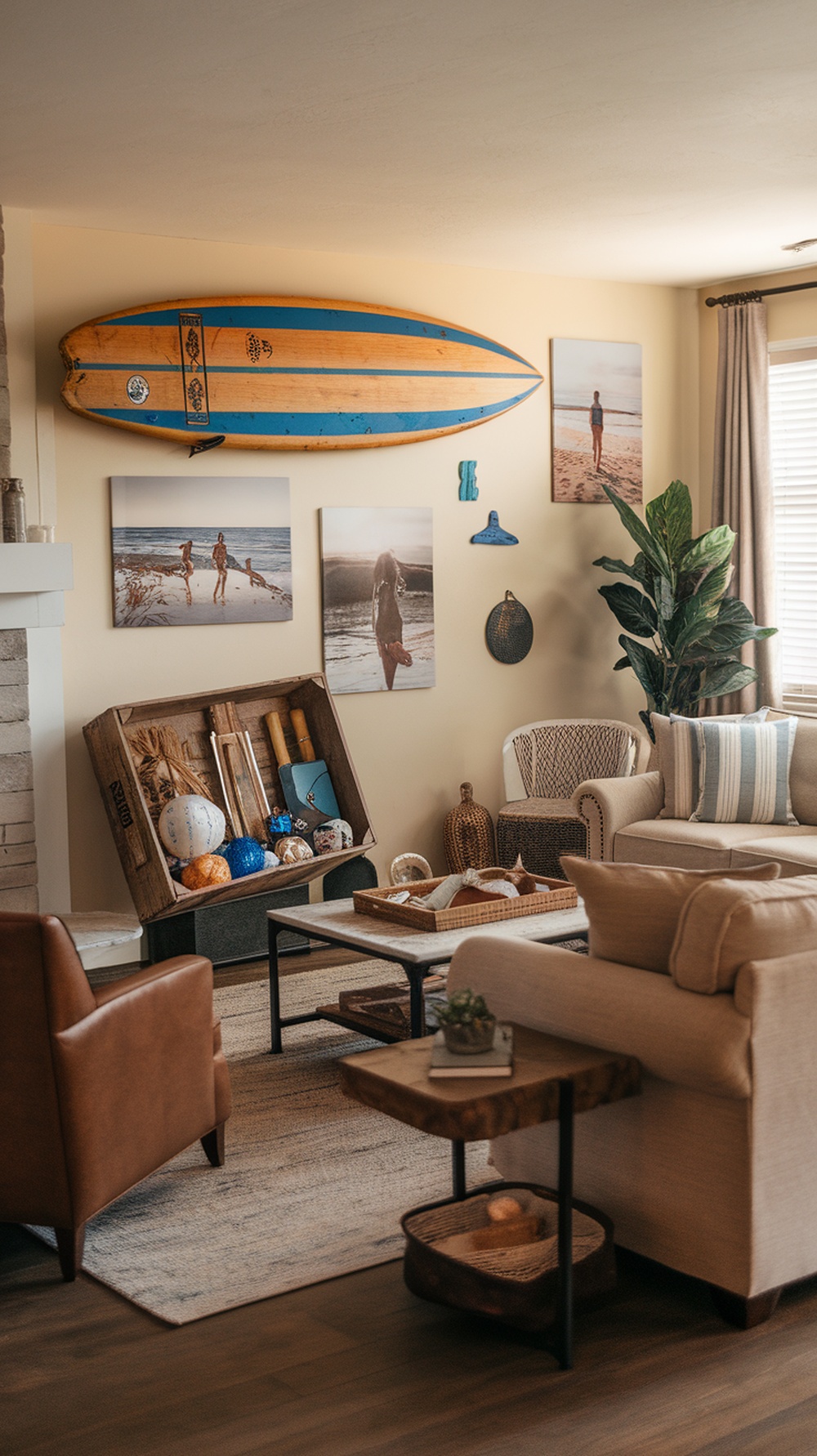 A beach-themed living room with surfboards, coastal decor, and cozy seating.