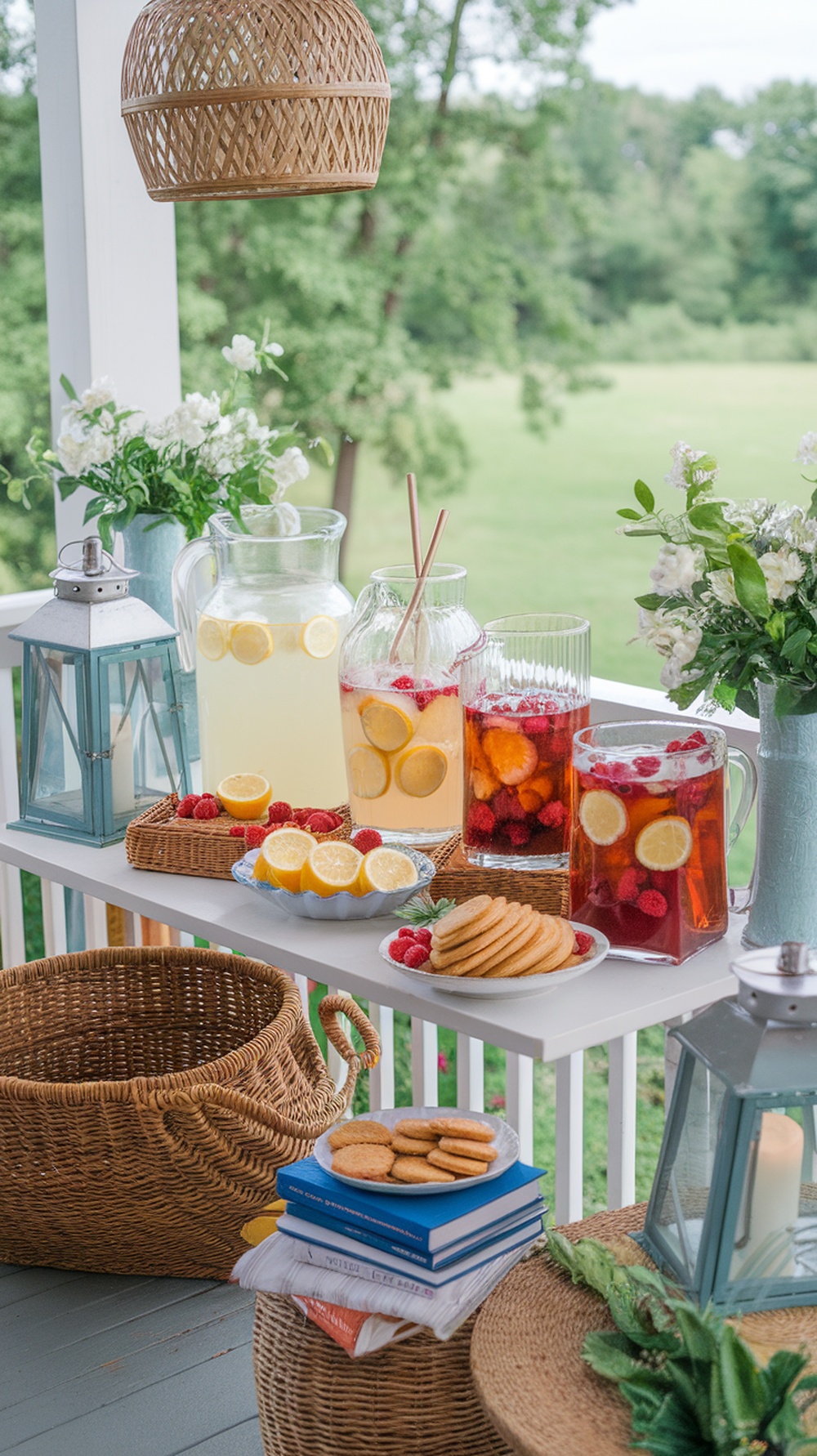 A summer beverage station on a porch with drinks, fruits, and cookies.