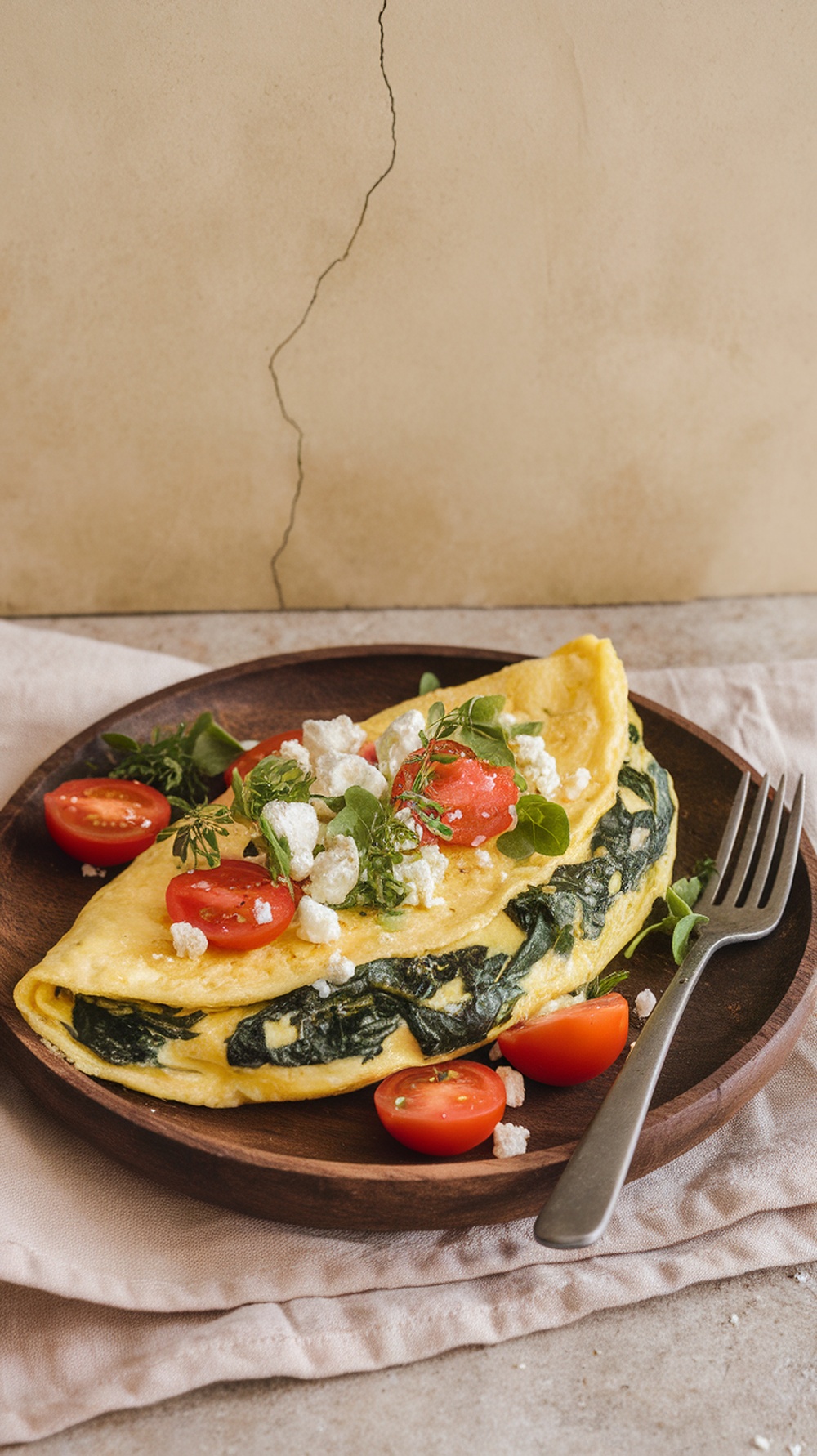 A savory spinach and feta omelette on a wooden plate, garnished with cherry tomatoes and herbs.