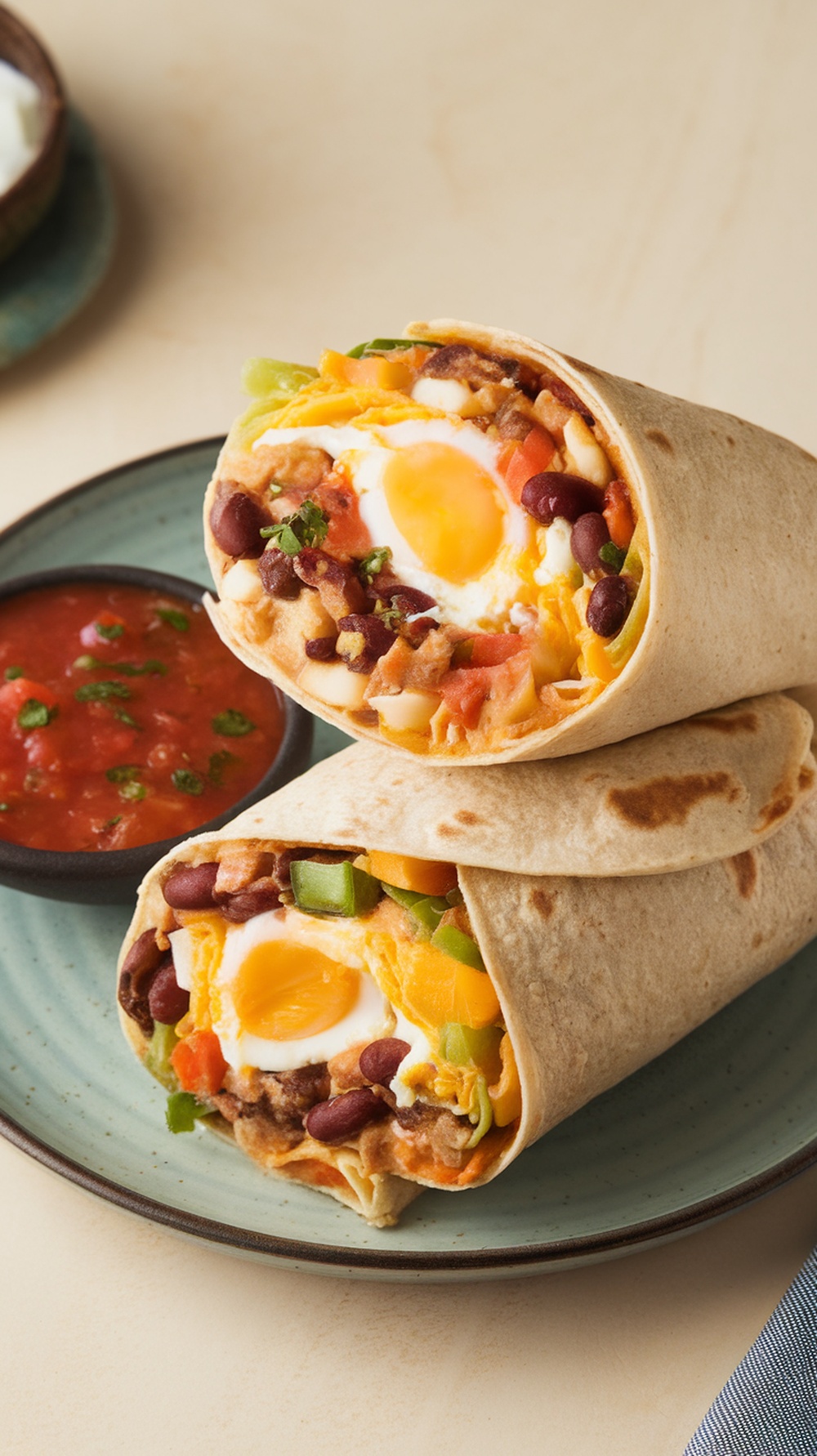 Two breakfast burritos filled with eggs, beans, cheese, and vegetables served with salsa.