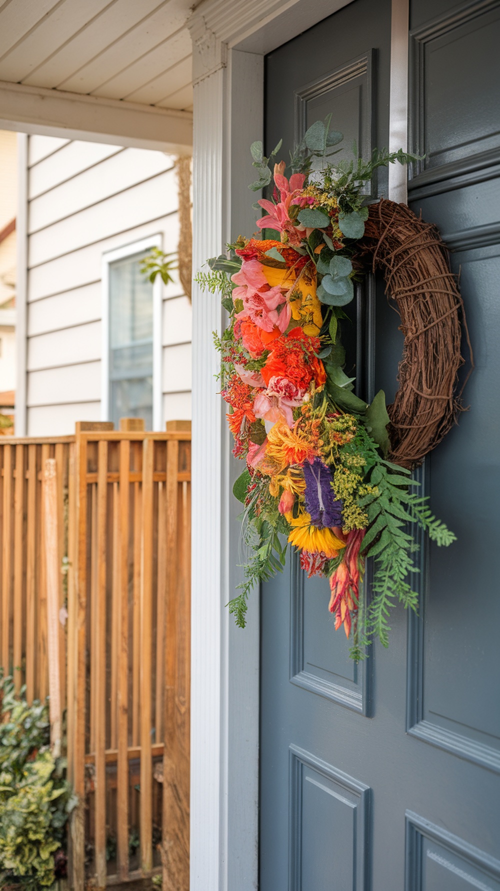 Colorful summer wreath on a blue door, featuring flowers and greenery.