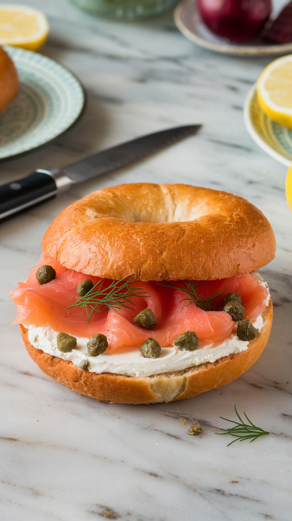 A smoked salmon bagel with cream cheese, topped with capers and dill on a marble countertop.