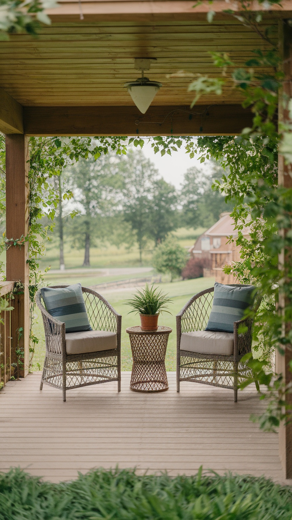 A stylish porch with two comfortable chairs, a small table, and greenery surrounding the area.