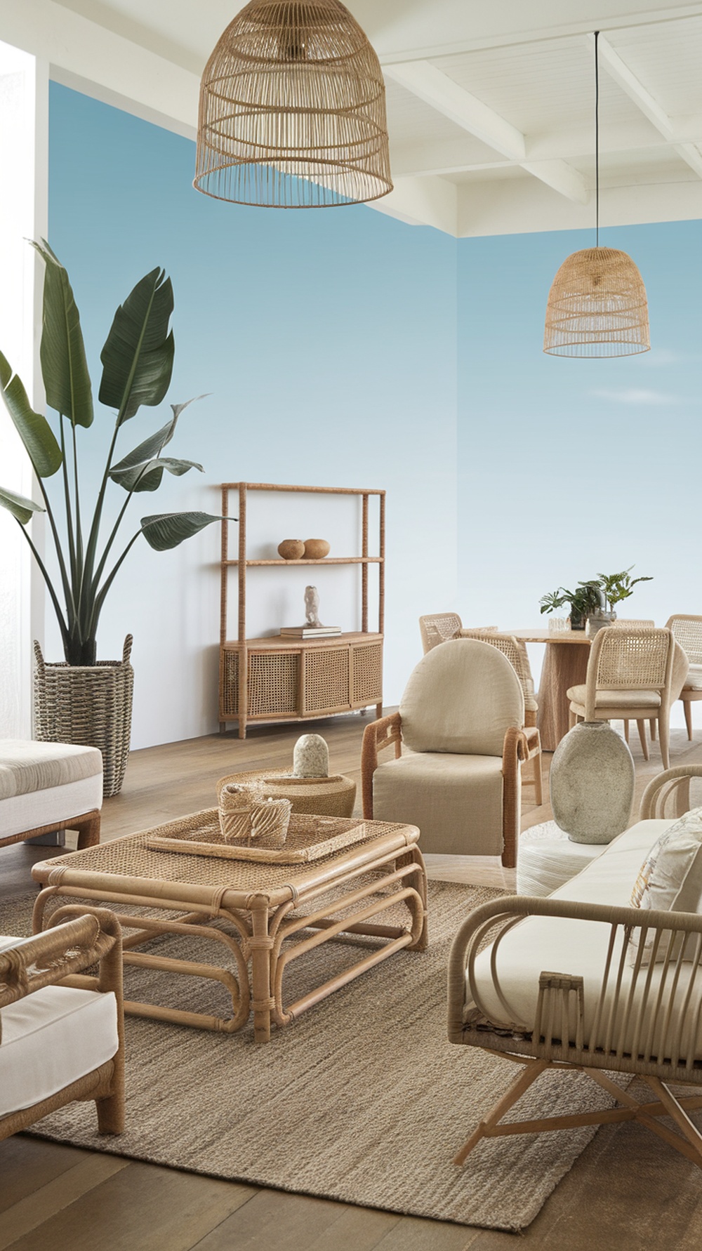 A beachy living room featuring rattan furniture, natural fibers, and a soft color palette.