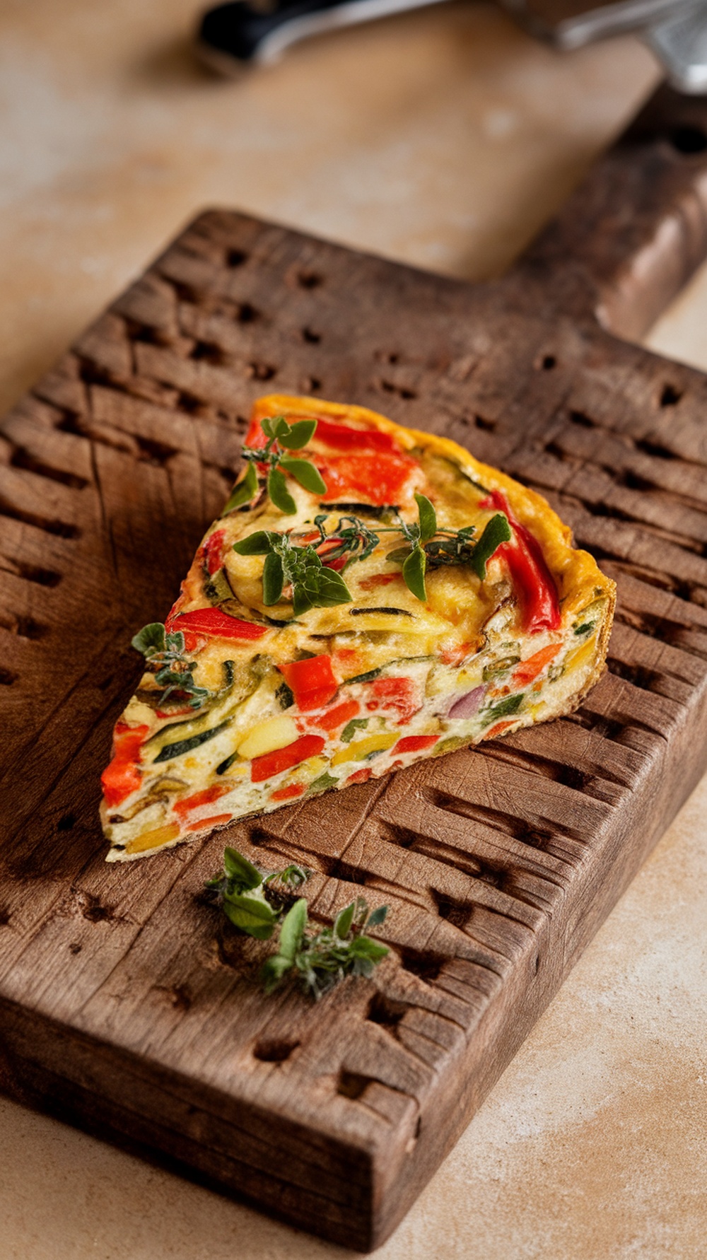 A slice of vegetable frittata with herbs on a wooden board.