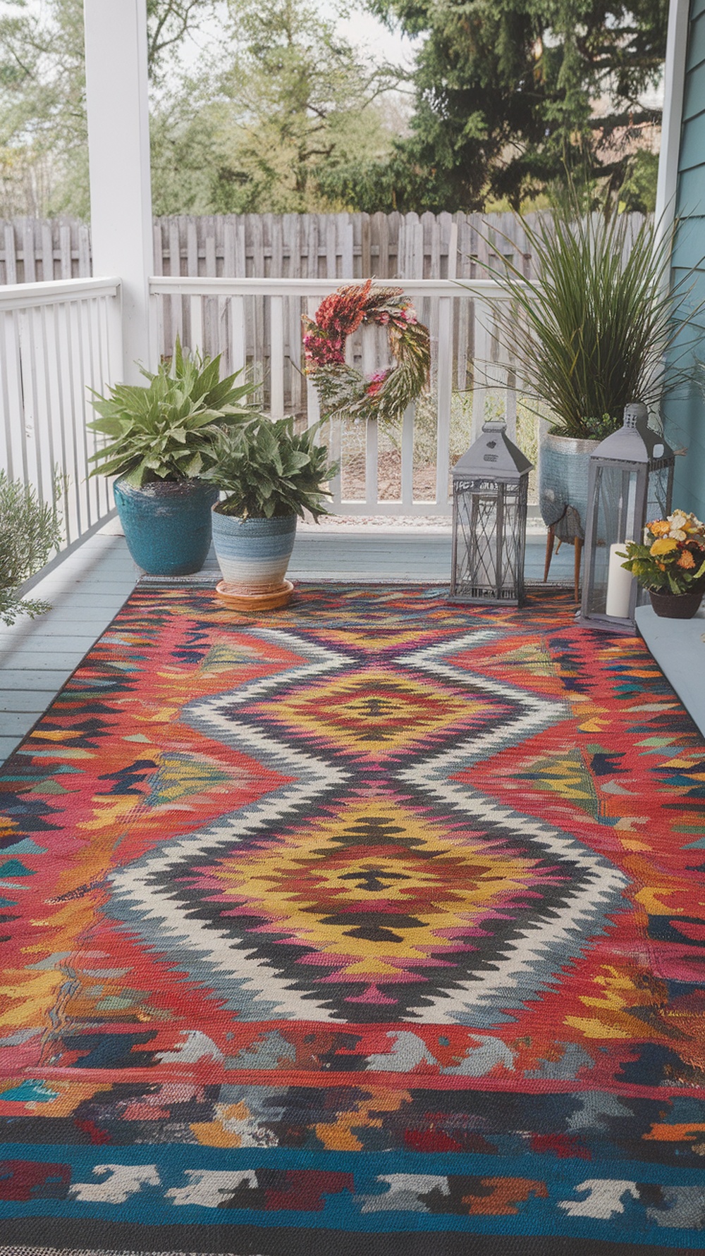 A colorful outdoor rug with geometric patterns on a porch, surrounded by plants and lanterns