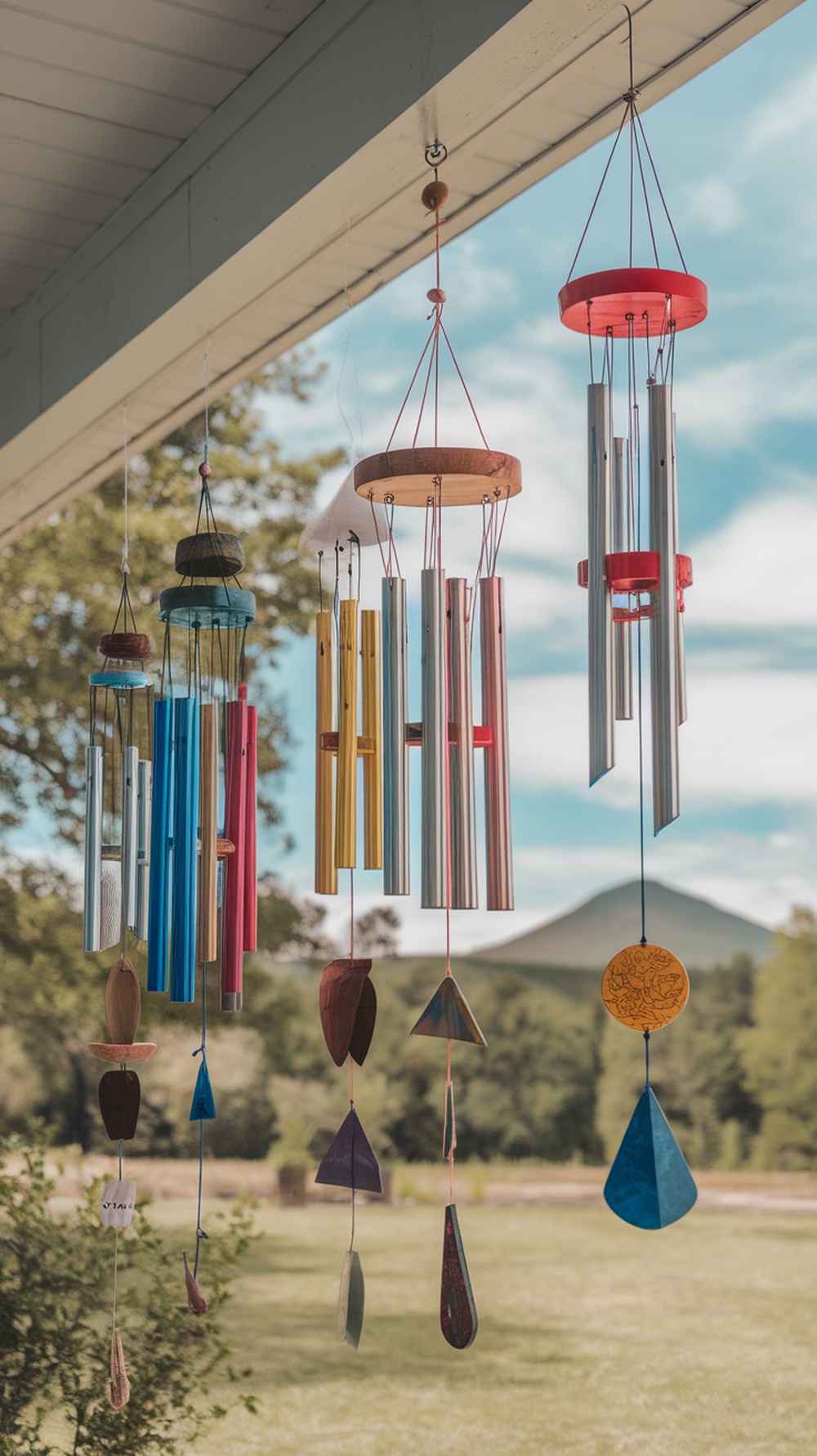 Colorful wind chimes hanging in a summer setting